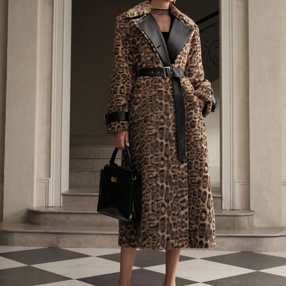Khaki Casual Women's Leopard Print Faux Fur Patchwork Trench Coat